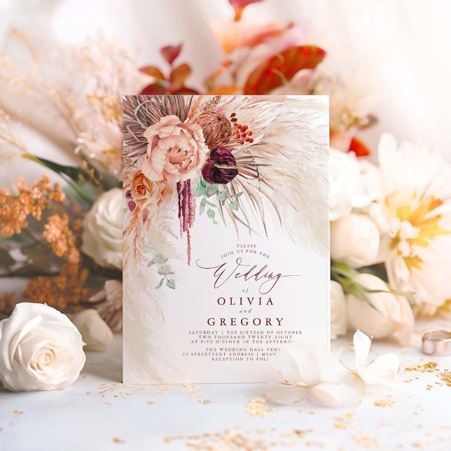 Pampas Grass Floral Burgundy Terracotta Wedding Invitation (Exotic Boho Terracotta Wedding Invitations)