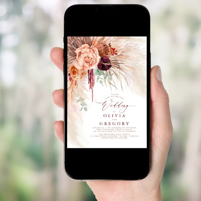 Pampas Grass Floral Burgundy Terracotta Wedding Invitation (Front Digital)