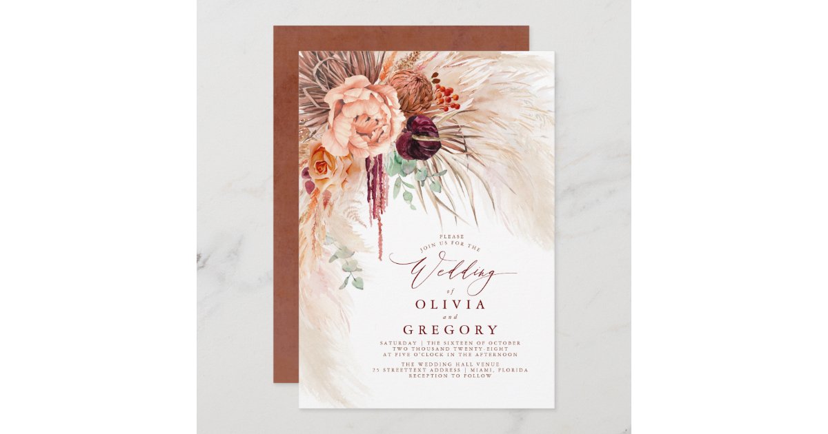 Pampas Grass Floral Burgundy Terracotta Wedding Invitation Zazzle com