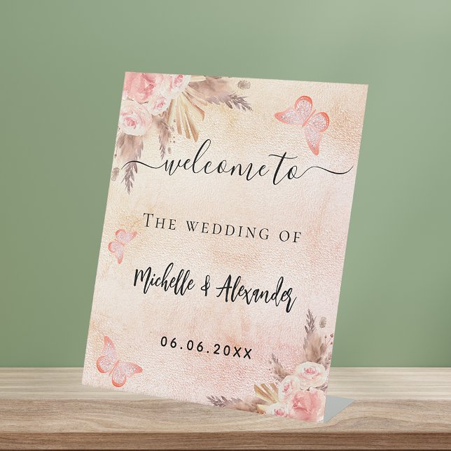 Pampas grass floral butterflies welcome wedding pedestal sign (Creator Uploaded)