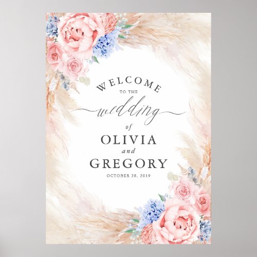 Pampas Grass Floral Dusty Blue Wedding Welcome Poster