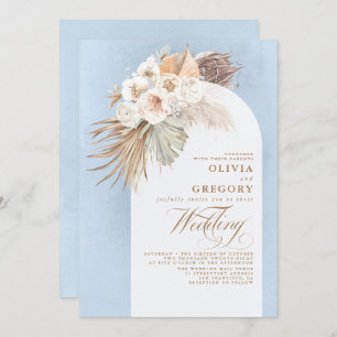 Pampas Grass Floral Elegant Dusty Blue Wedding Invitation