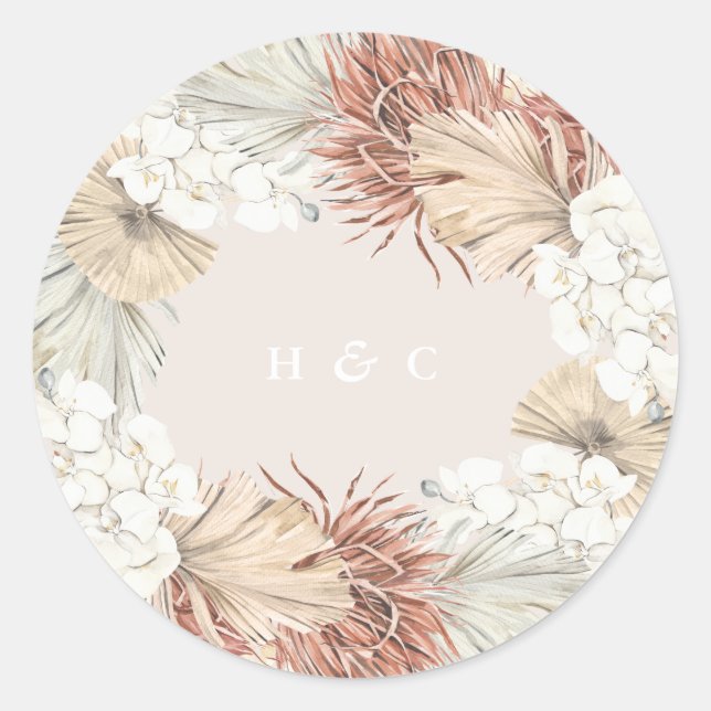 Pampas Grass Floral Jungle Soft Blush Wedding Classic Round Sticker (Front)