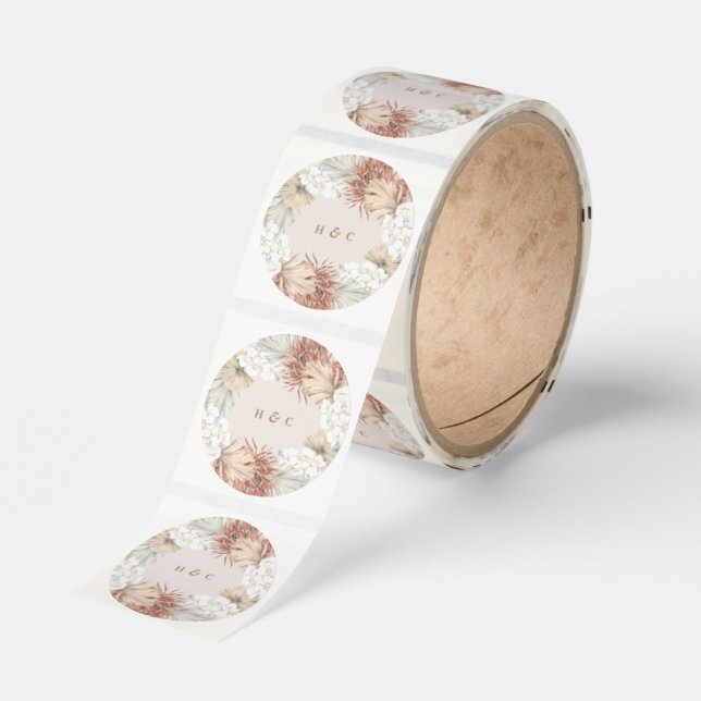 Pampas Grass Floral Monogram Wedding Classic Round Sticker (Roll)