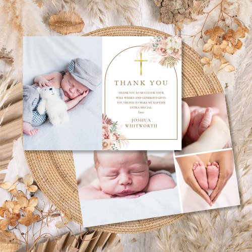 Pampas Grass Floral Photo Collage Baptism Thank You Card