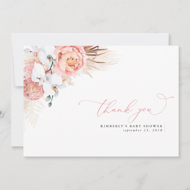 Pampas Grass Floral Pink Baby Shower Thank You Card (Front)
