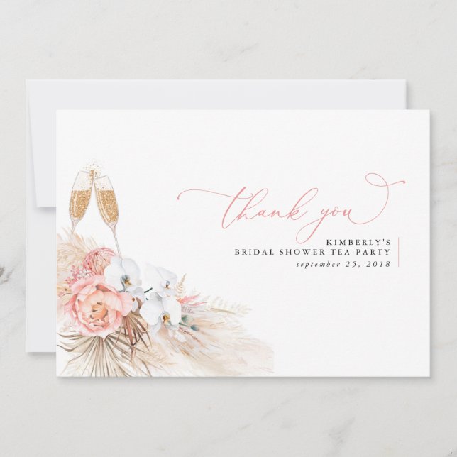Pampas Grass Floral Pink Bridal Shower Thank You Card (Front)