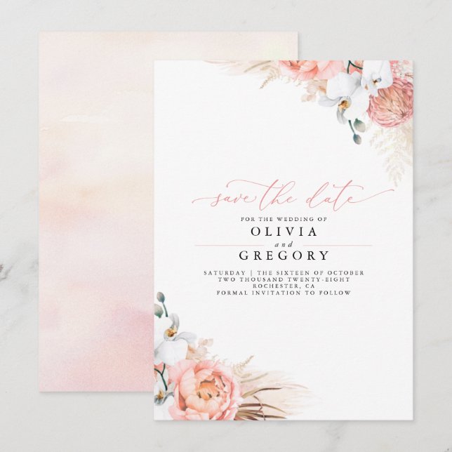Pampas Grass Floral Pink Save the Date Announcement (Front/Back)