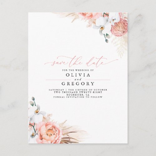 Pampas Grass Floral Pink Save the Date Announcement Postcard