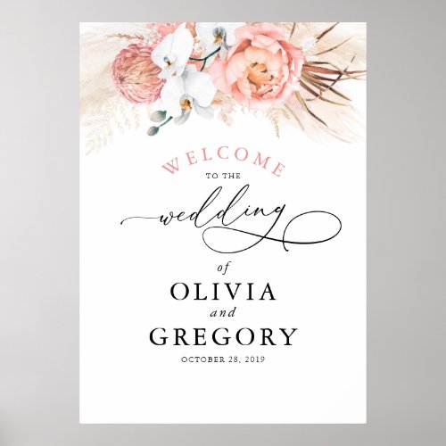 Pampas Grass Floral Pink Wedding Welcome Poster