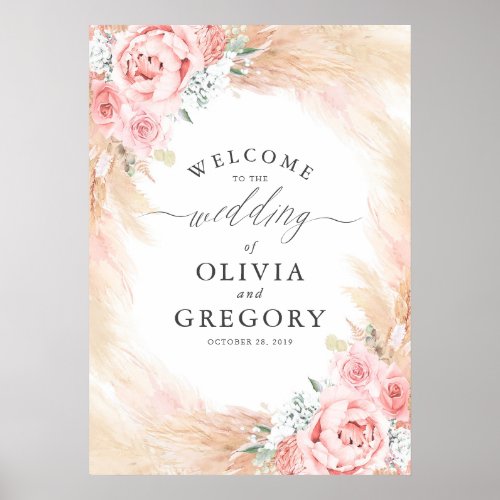 Pampas Grass Floral Pink Wedding Welcome Poster