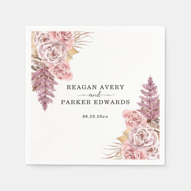 Pampas Grass Floral Purple Custom Wedding Napkins (Front)