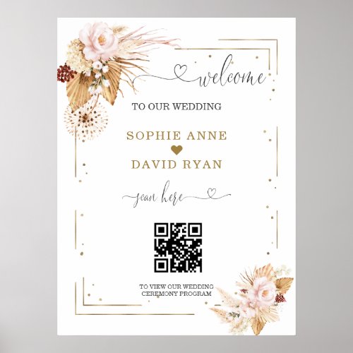 Pampas Grass Floral QR Code Wedding Welcome Sign