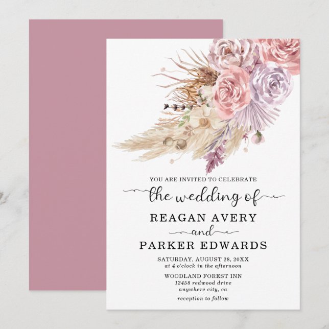 Pampas Grass Floral Rose and Purple Wedding Invitation (Front/Back)