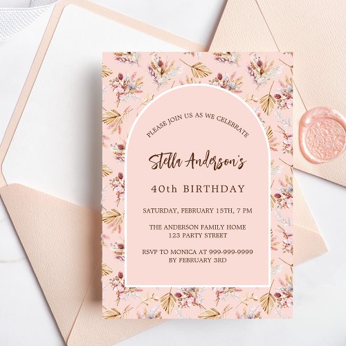 Pampas grass floral rose gold boho birthday invitation