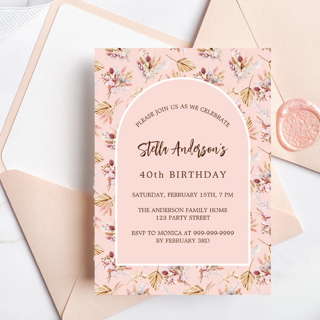 Pampas grass floral rose gold boho birthday invitation (Creator Uploaded)