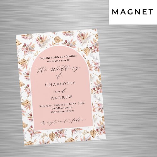 Pampas grass floral rose gold boho luxury wedding magnetic invitation