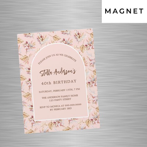 Pampas grass floral rose gold luxury birthday magnetic invitation