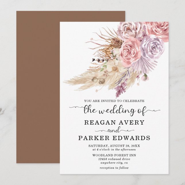 Pampas Grass Floral Rose Purple Wedding Invitation (Front/Back)