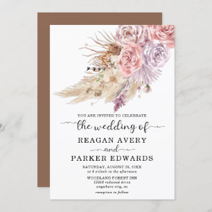 Pampas Grass Floral Rose Purple Wedding Invitation