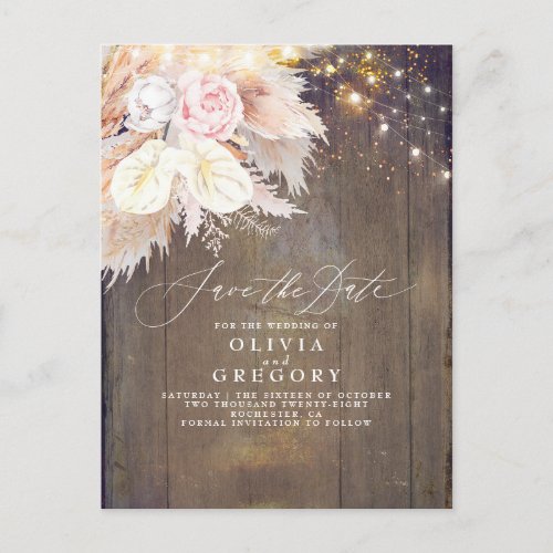 Pampas Grass Floral Rustic Wood Save The Date Announcement Postcard