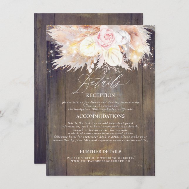 Pampas Grass Floral Rustic Wood Wedding Details Enclosure Card (Front/Back)