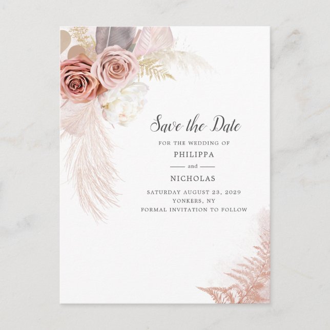 Pampas Grass Floral Script Save The Date Announcement Postcard (Front)