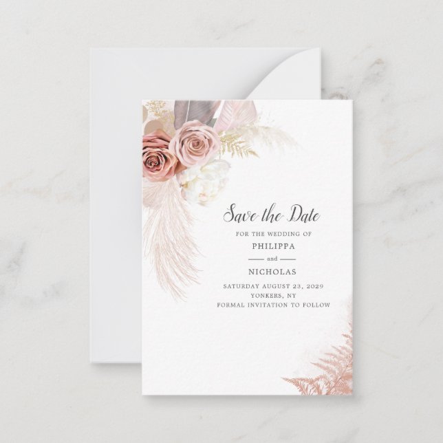 Pampas Grass Floral Script Wedding Save The Date Note Card (Front)
