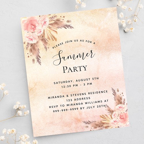 Pampas grass floral summer party budget invitation