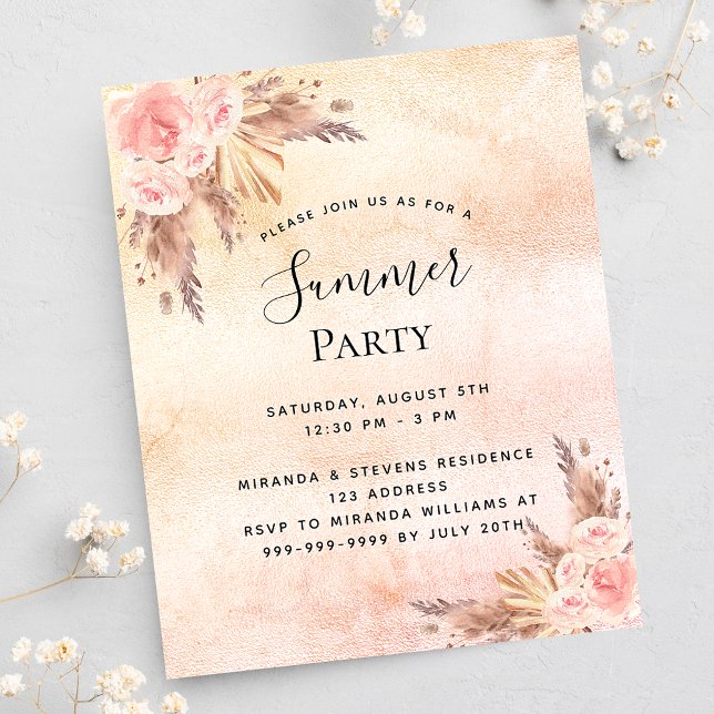 Pampas grass floral summer party budget invitation flyer (Creator Uploaded)