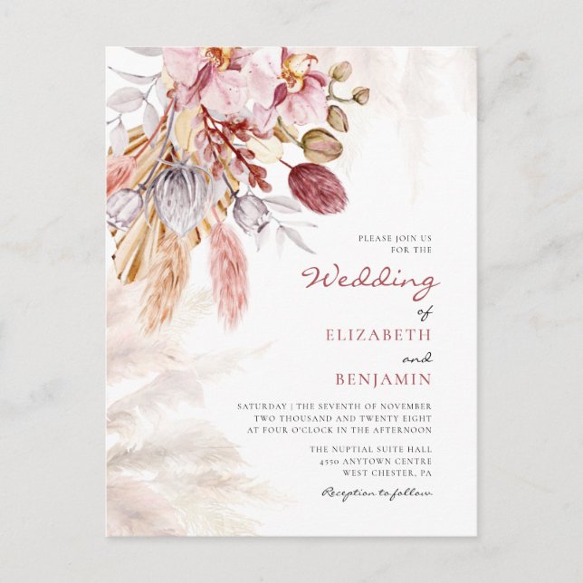 Pampas Grass Floral Tan Terracotta Wedding Invitation Postcard (Front)