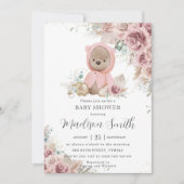 Pampas Grass Floral Teddy Bear Girl Baby Shower Invitation (Front)