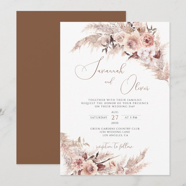 Pampas Grass Floral Terracotta Bohemian Wedding  Invitation (Front/Back)