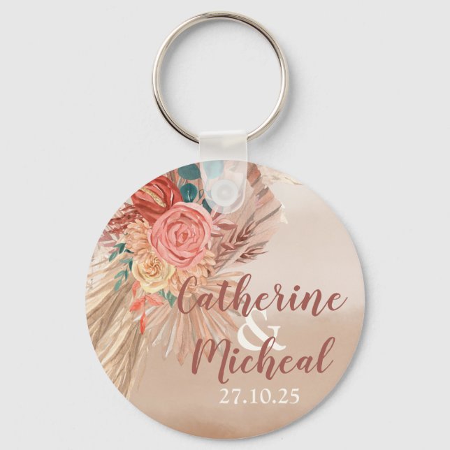 Pampas Grass Floral Terracotta Boho Chic Wedding Keychain (Front)