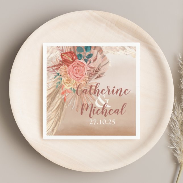 Pampas Grass Floral Terracotta Boho Chic Wedding  Napkins (Creator Uploaded)