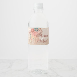 Pampas Grass Floral Terracotta Boho Chic Wedding  Water Bottle Label