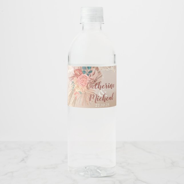 Pampas Grass Floral Terracotta Boho Chic Wedding  Water Bottle Label (Front)