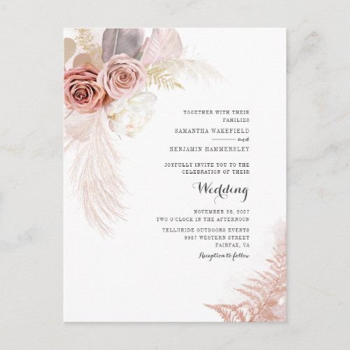 Pampas Grass Floral Terracotta Dried Palms Wedding Invitation Postcard