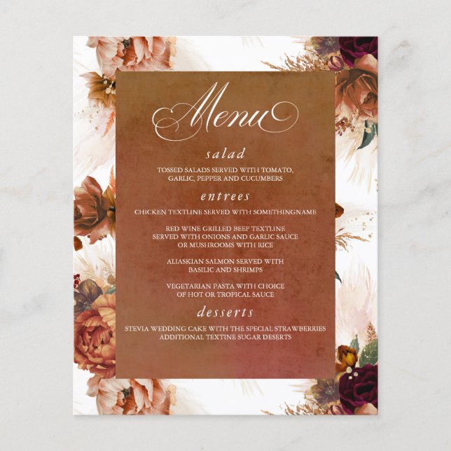 Pampas Grass Floral Terracotta Menu Cards Flyer (Front)