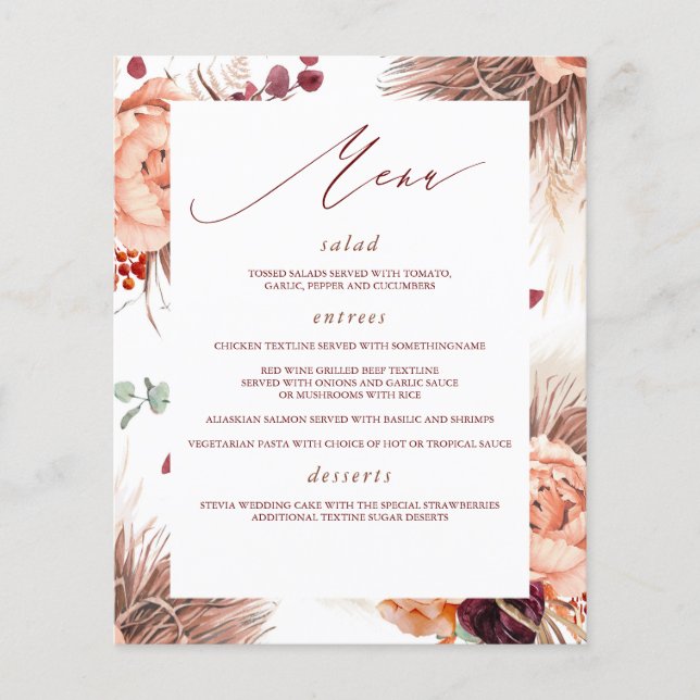 Pampas Grass Floral Terracotta Menu Flyer (Front)