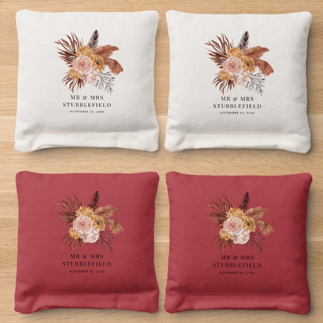 Pampas Grass Floral Terracotta Monogram Wedding Cornhole Bags (Wood)