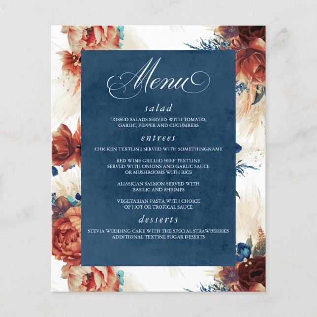 Pampas Grass Floral Terracotta Navy Blue Menu Flyer (Front)