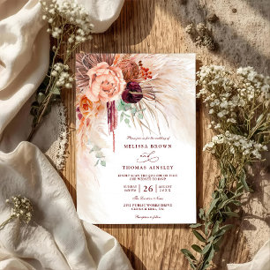 Pampas Grass Floral Terracotta QR Code Wedding Invitation