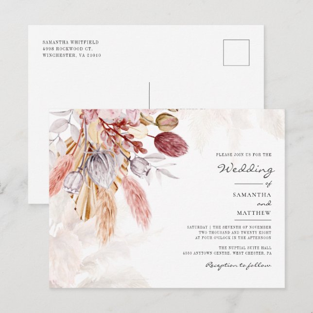 Pampas Grass Floral Terracotta Rustic Wedding Invitation Postcard (Front/Back)