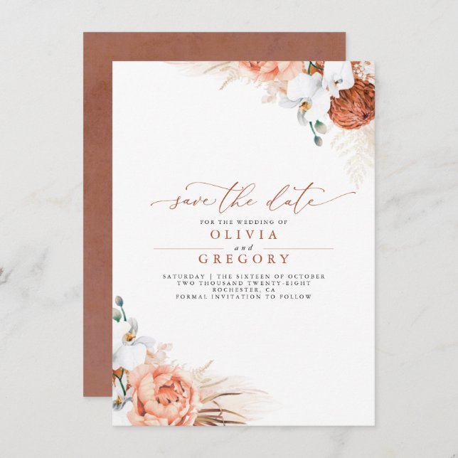 Pampas Grass Floral Terracotta Save the Date Announcement (Front/Back)