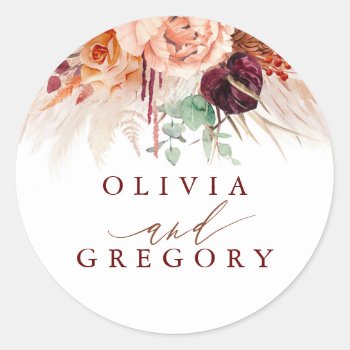 Pampas Grass Floral Terracotta Wedding Classic Round Sticker by lovelywow at Zazzle