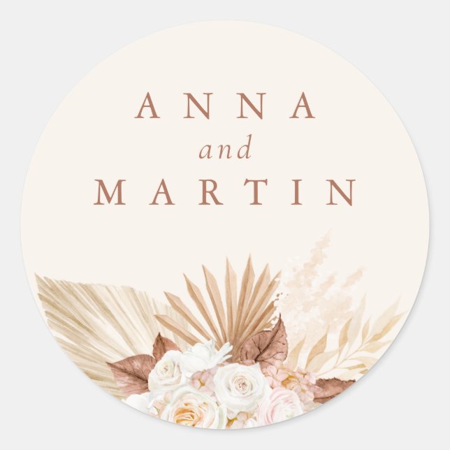 Pampas Grass Floral Terracotta Wedding Classic Round Sticker (Front)