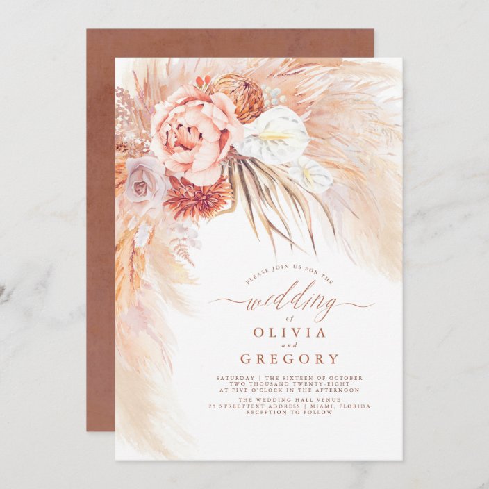 Pampas Grass Floral Terracotta Wedding Invitation | Zazzle.com