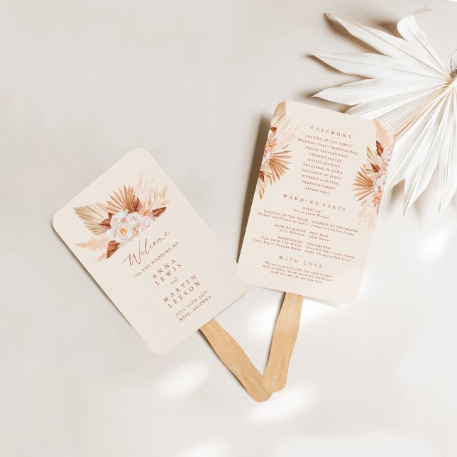 Pampas Grass Floral Terracotta Wedding Program Hand Fan (Creator Uploaded)