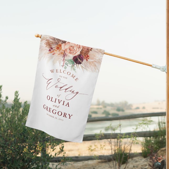 Pampas Grass Floral Terracotta Wedding Welcome House Flag (Insitu (Back))